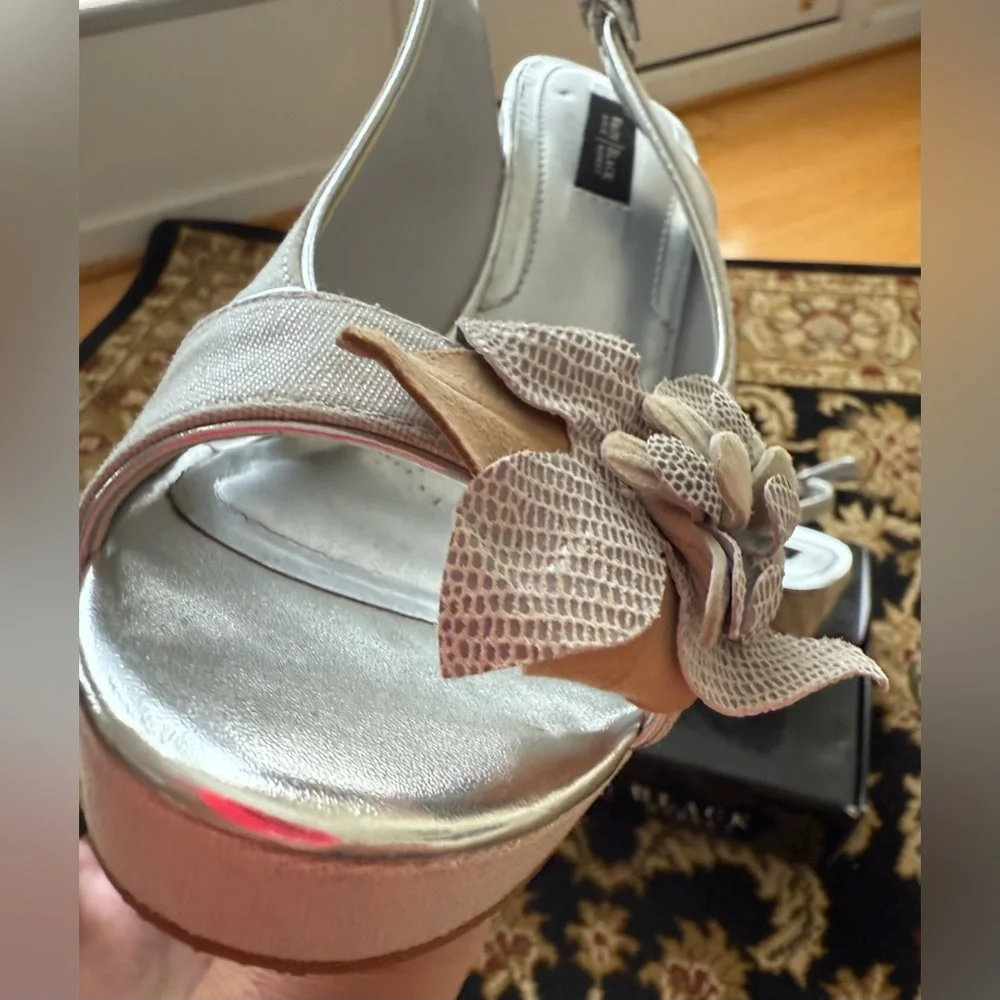 White House Black Market Silver and Tan Wedges